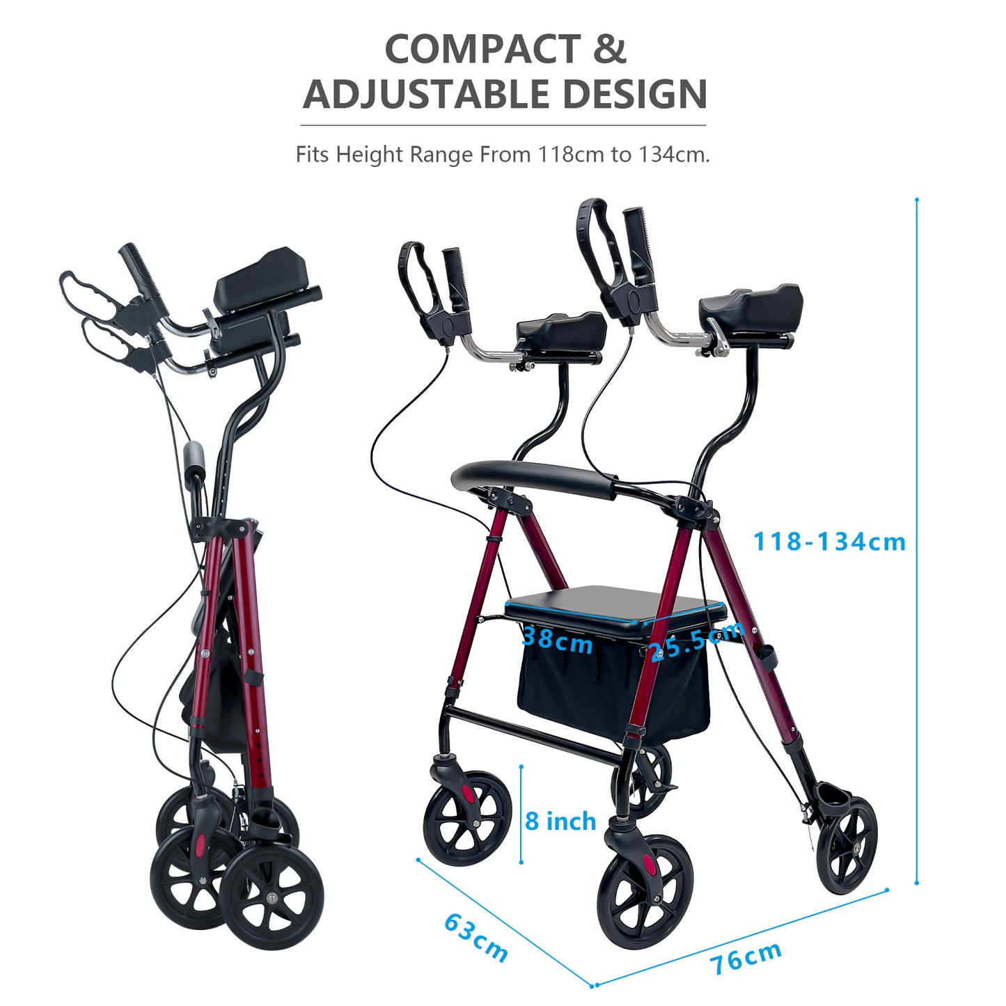 Altus Upright Rolling Walker Mobility Aid Rollator with Seat Padded Armrest Backrest_Upright Tall Red