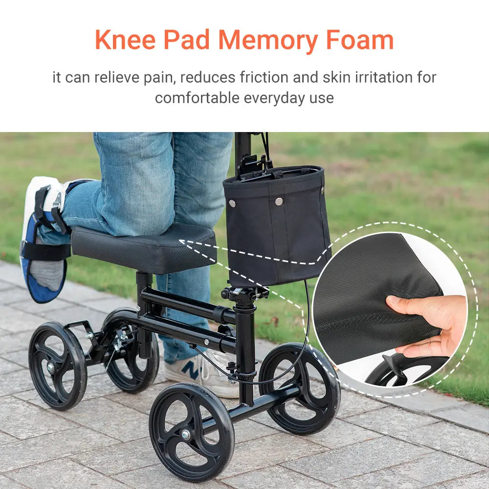 Comfort Detail: Showcases the knee pad of the scooter, pointing out the memory foam material used for even pressure distribution and enhanced comfort, making it suitable for extended use.