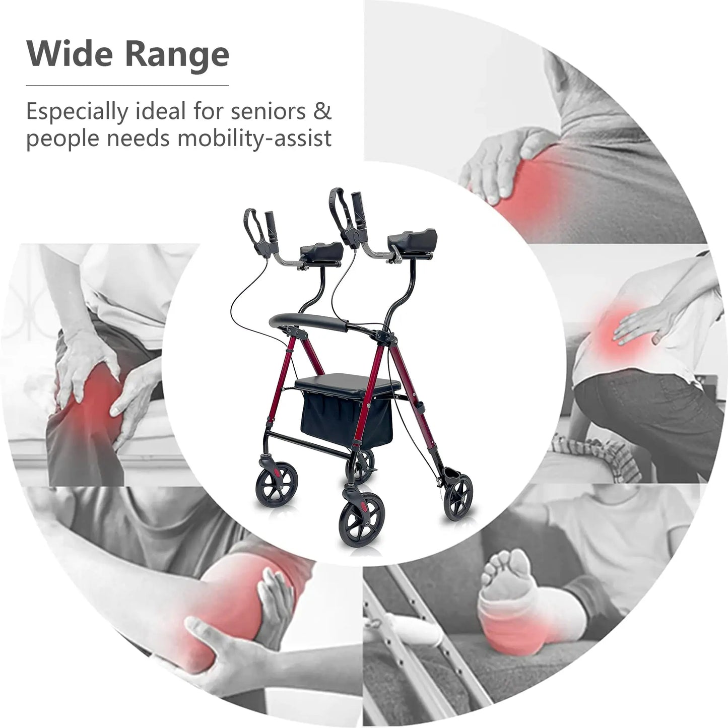 Altus Upright Rolling Walker Mobility Aid Rollator with Seat Padded Armrest Backrest_Upright Tall Red myaltus