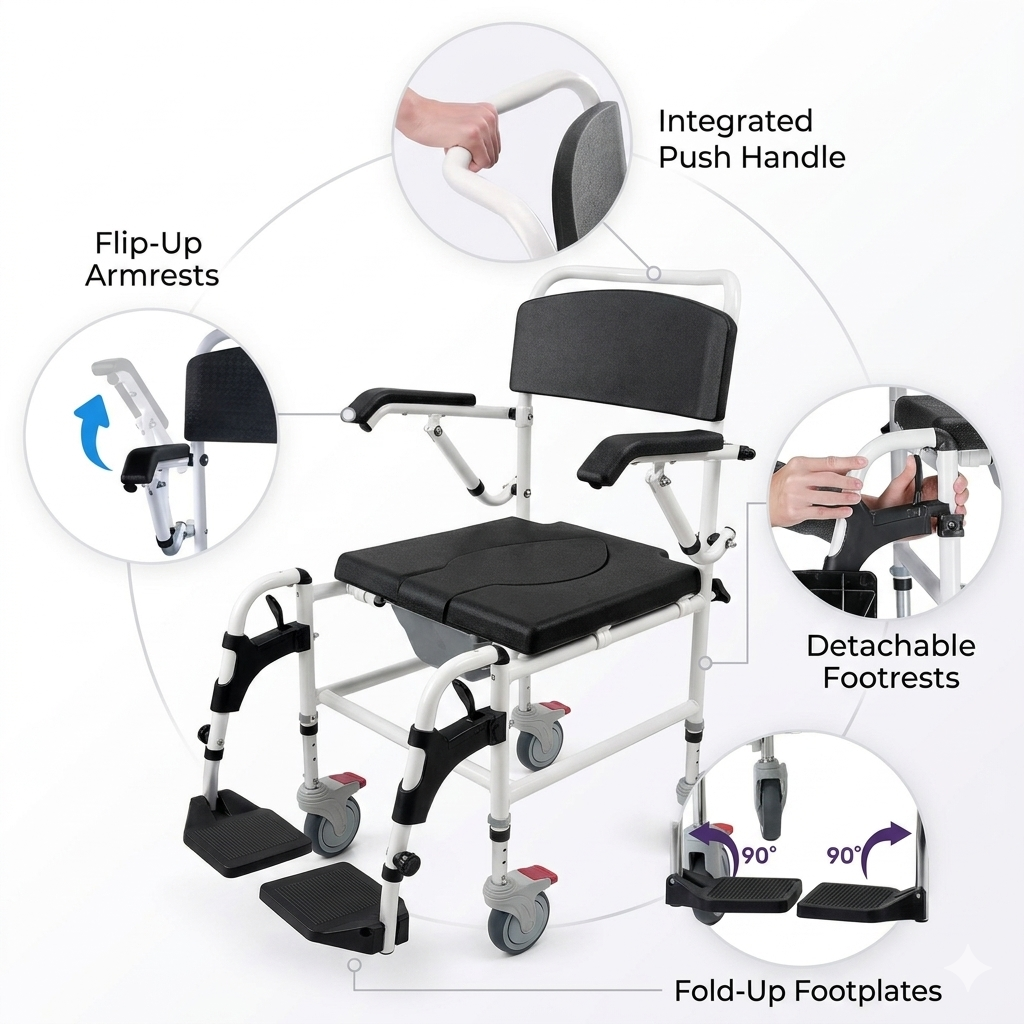 "* **Image 7: Multi Functional Adjustable Parts**
  Component breakdown diagram illustrating the Altus Transit Shower Commode flip-up armrests, integrated push handle, and detachable footrests with fold-up footplates."