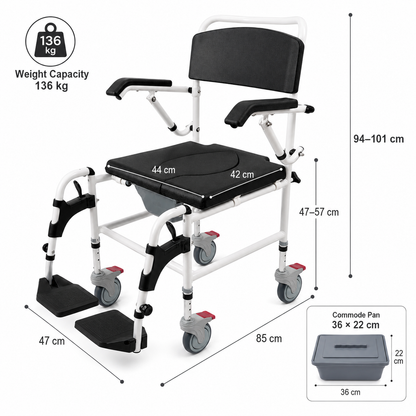 "* **Image 8: Product Dimensions and Specifications**
  Detailed technical dimension chart for the Altus Transit Shower Commode displaying height, width, 136kg weight capacity, and commode pan size."