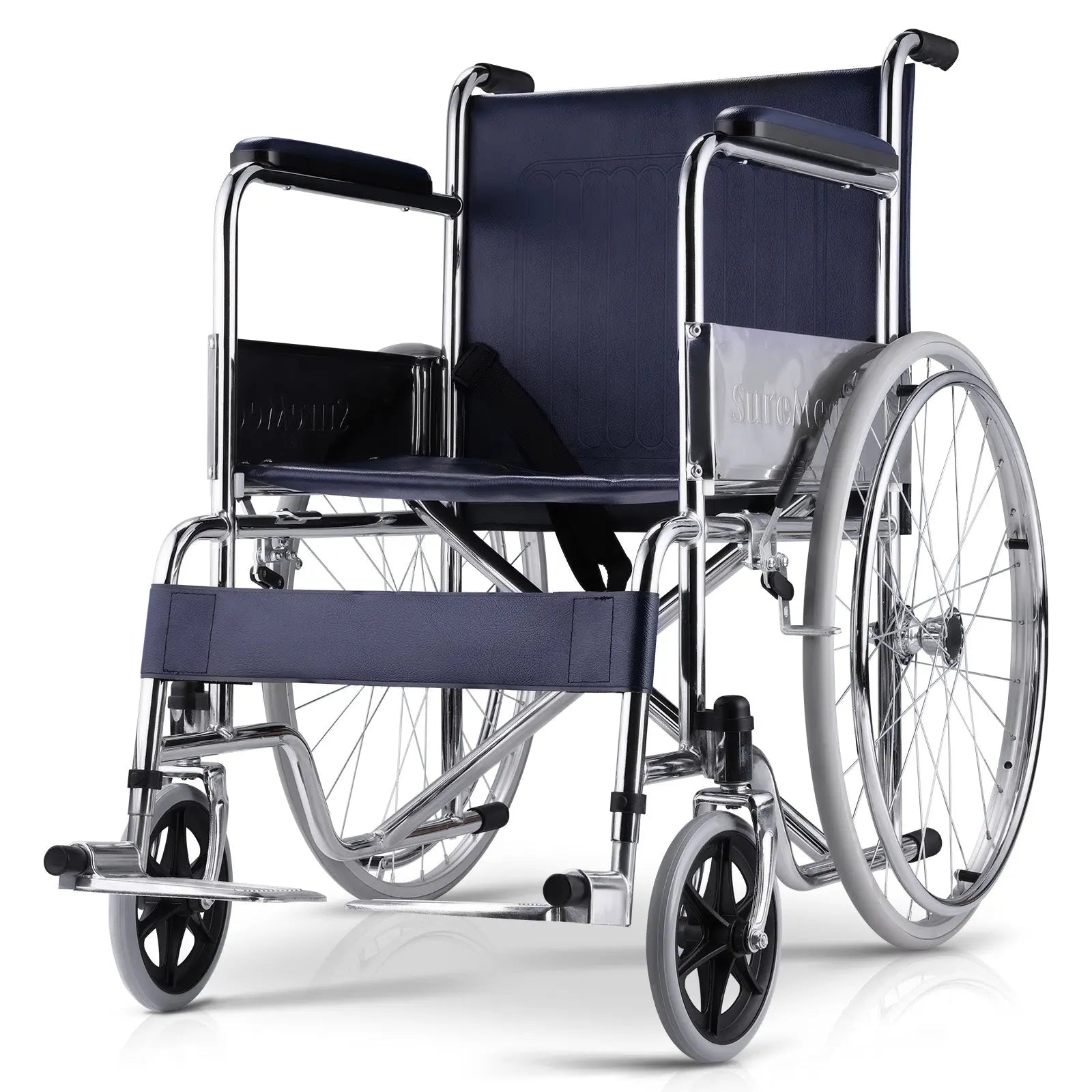 Chrome wheelchair with a sleek design and padded armrests.