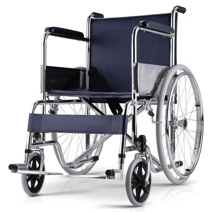 Chrome wheelchair with a sleek design and padded armrests.