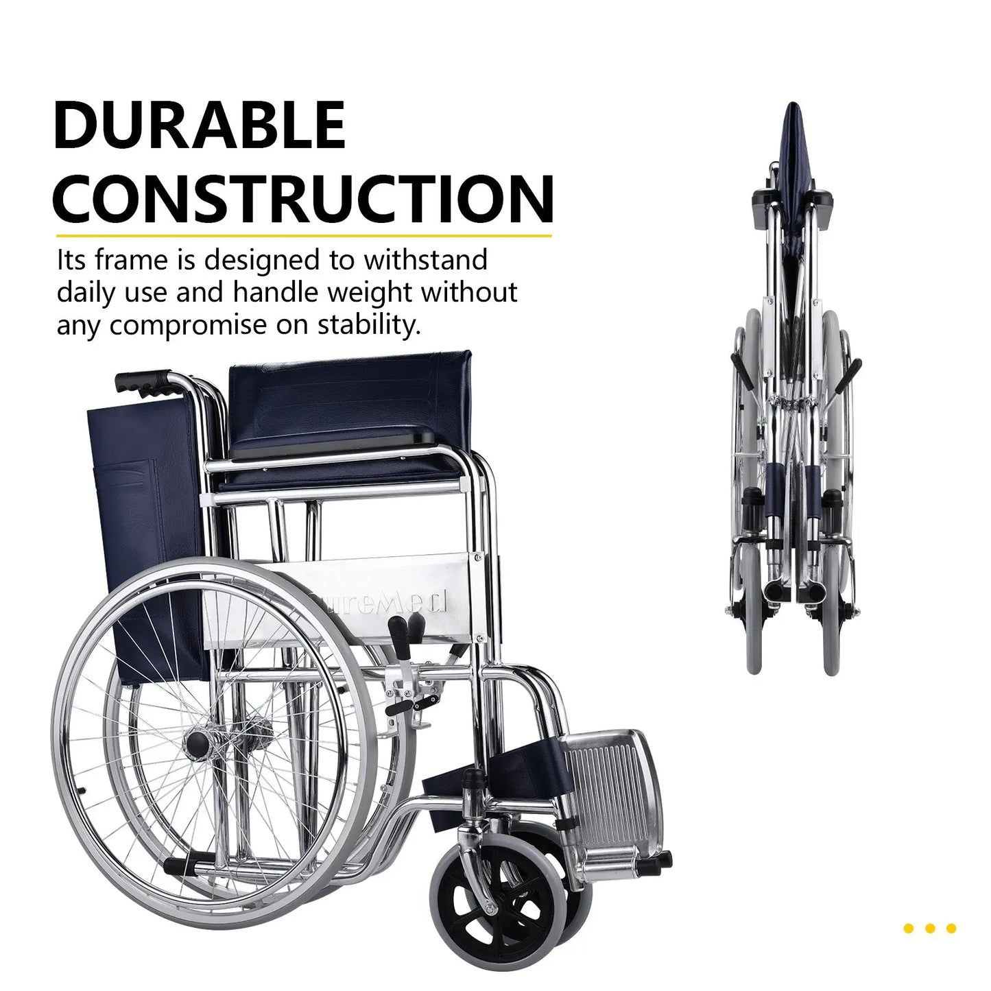 Chrome wheelchair demonstrating durable construction with folded and unfolded views.