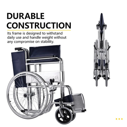 Chrome wheelchair demonstrating durable construction with folded and unfolded views.