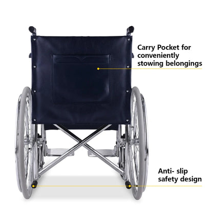 Rear view of the wheelchair showing a carry pocket and anti-slip safety design.