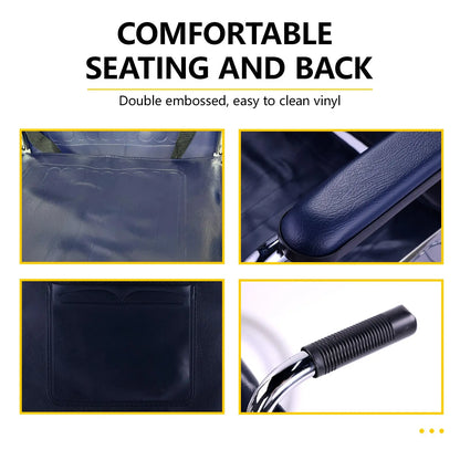 Close-up images highlighting the comfortable seating, armrest, back pocket, and handle grip.