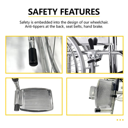 Safety features including anti-tippers, seat belts, and hand brakes shown in close-up.