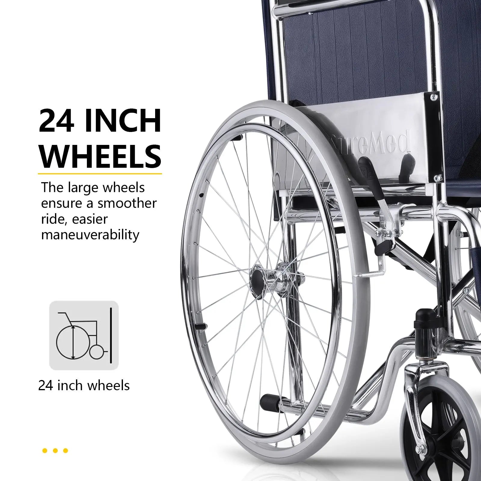 Side view of the wheelchair showcasing the 24-inch wheels for better maneuverability.