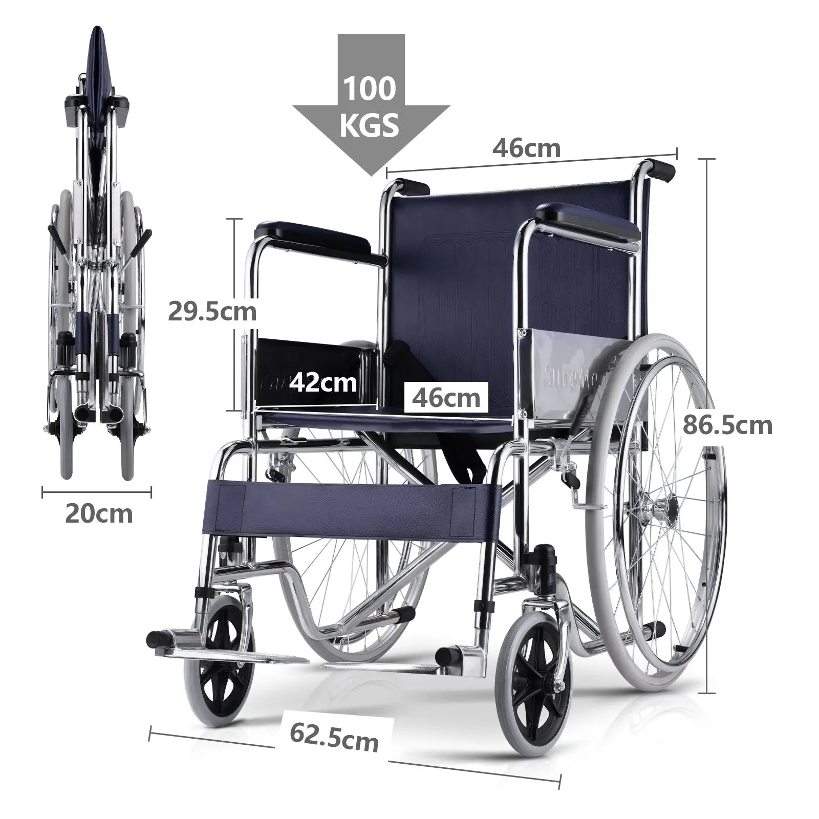 Dimensions of the wheelchair with detailed measurements labeled in centimeters.