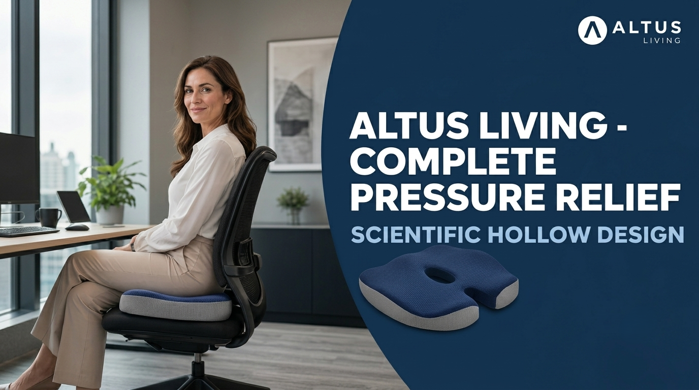 A woman sits in a black office chair with a blue and gray Altus Living pressure relief cushion on her lower back in a modern office setting. The right side features a dark blue graphic panel with white text reading 'ALTUS LIVING - COMPLETE PRESSURE RELIEF' and 'SCIENTIFIC HOLLOW DESIGN,' plus a floating rendering of the cushion.