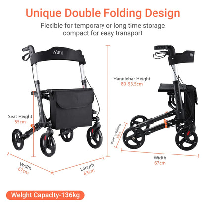 Altus Euro Style Mobility Rollator Walking Frame with Seat Back Bag X-Fold Alloy Frame Carbon Fiber Style Black myaltus
