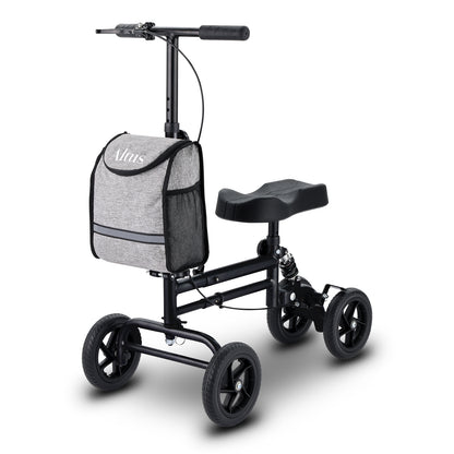 Knee scooter with a gray bag on a white background