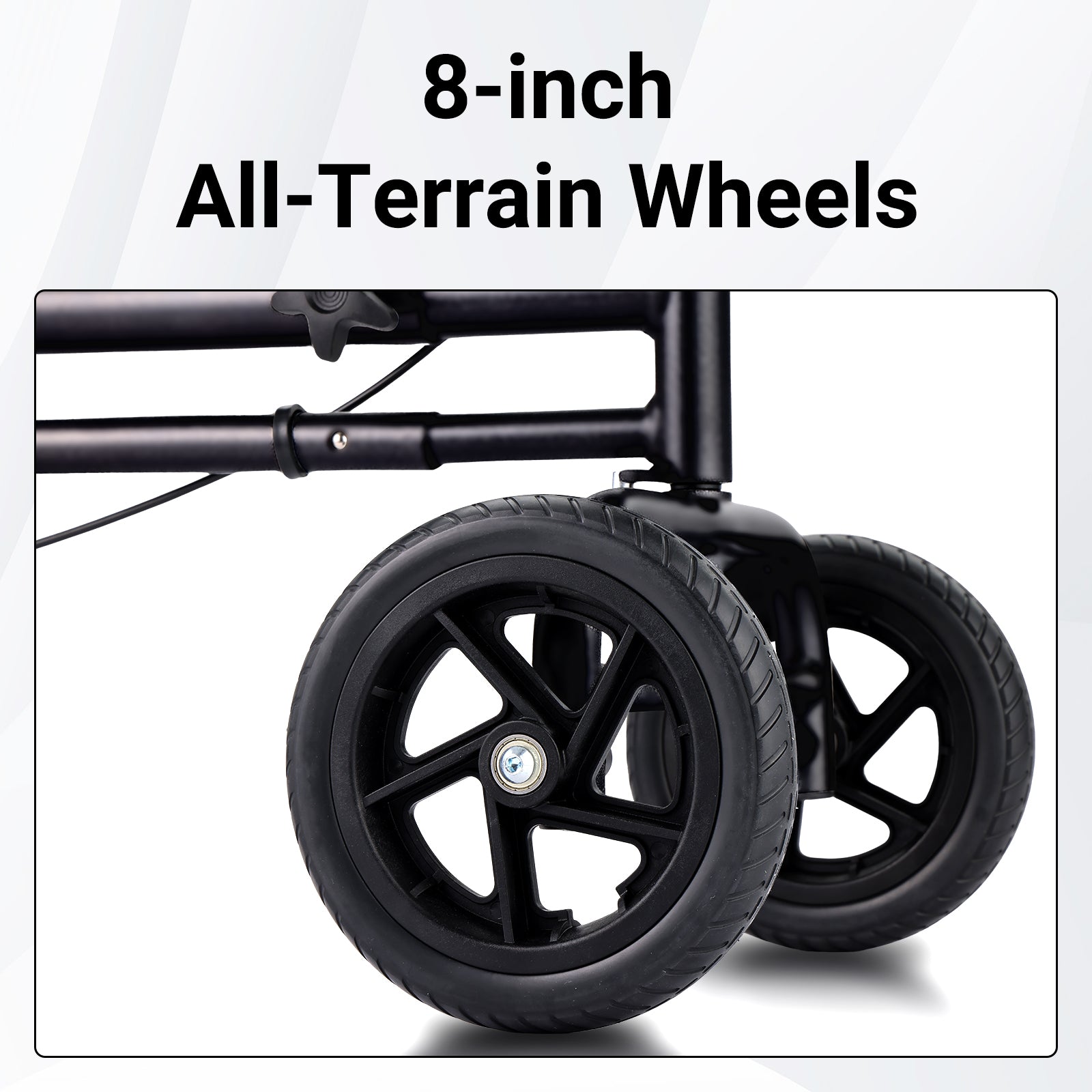 Close-up of 8-inch all-terrain wheels on a white background with text.