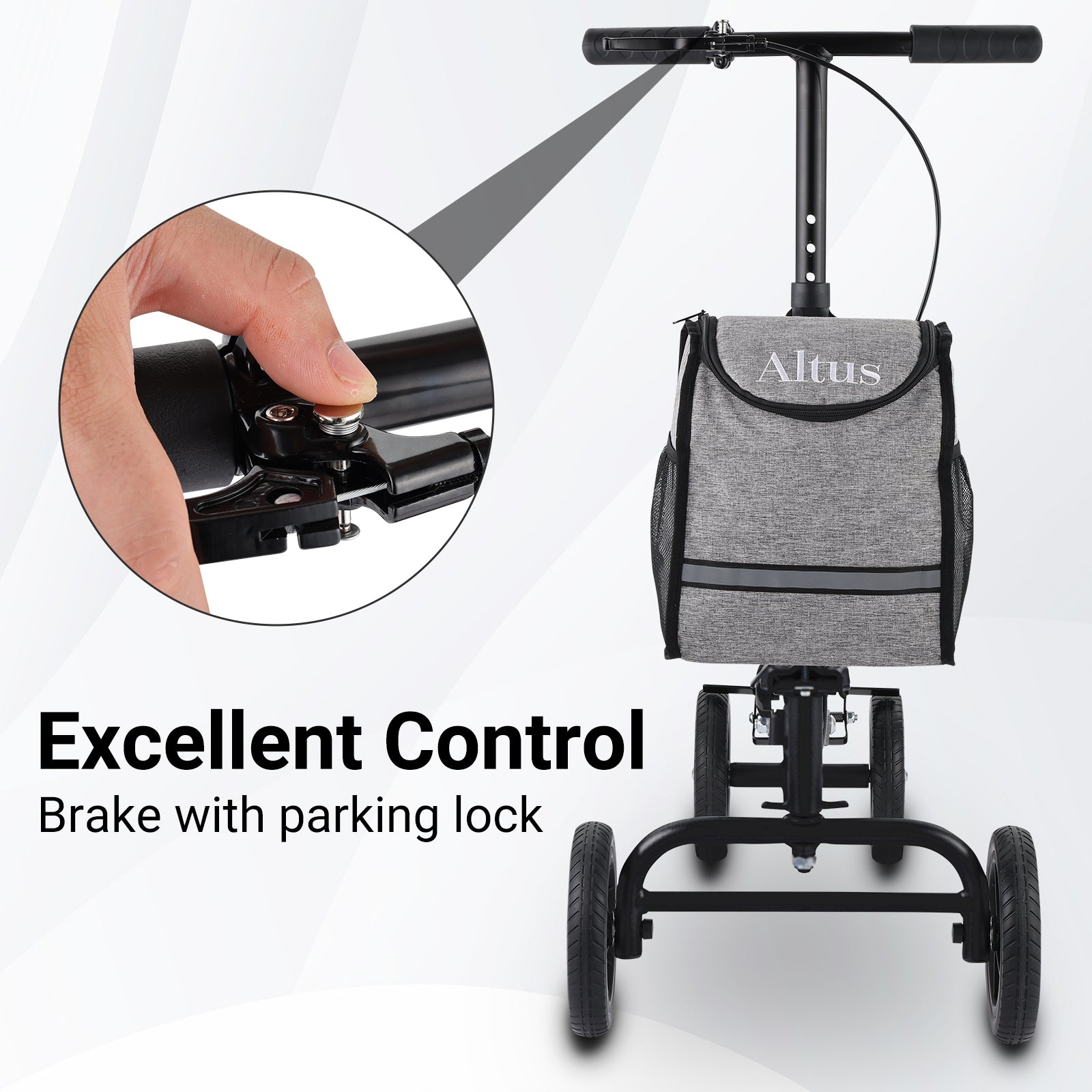 Gray scooter with brake handle and 'Altus' branding on a white background