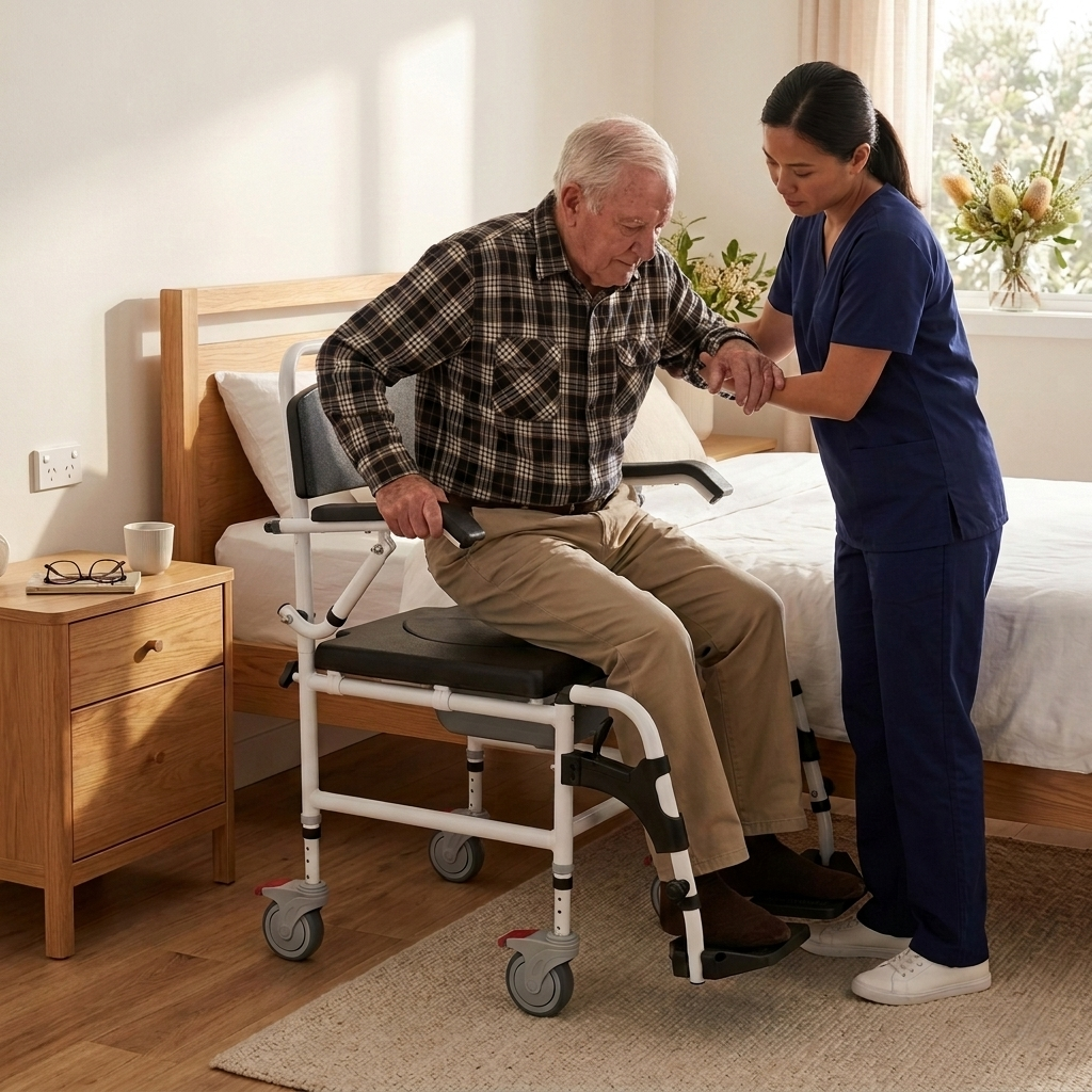 "* **Image 9: Caregiver Assistance Lifestyle View**
  Elderly man using the Altus Transit Shower Commode with a professional home care nurse by the bedside, highlighting patient safety and aged care living."