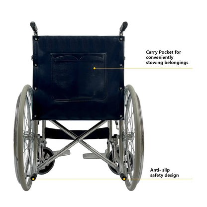 Detailed images show the wheelchair's safety features, including anti-tippers and hand brakes.