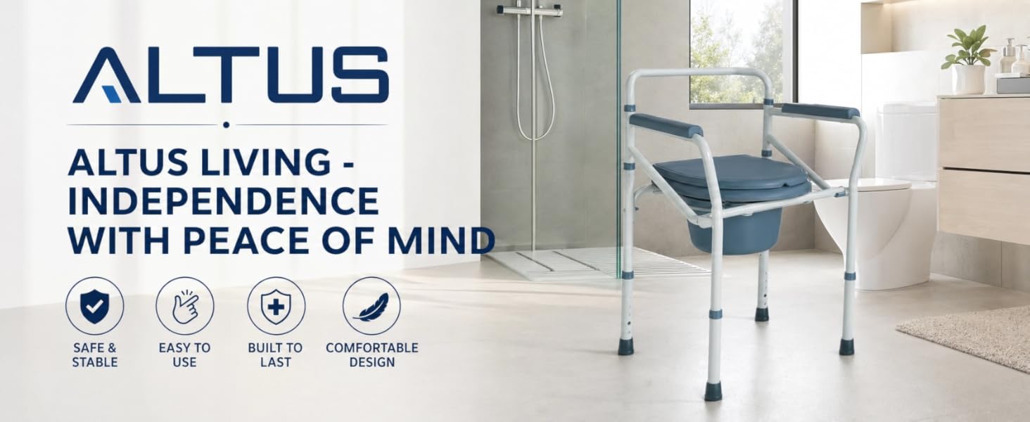 Bath support chair in a bathroom setting with Altus branding and product features.