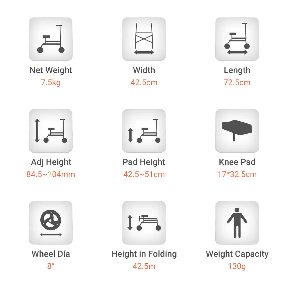 This image visually presents the key specifications of the Altus 8-inch Wheel Knee Walker Scooter with Cover, using icons and clear numerical values.