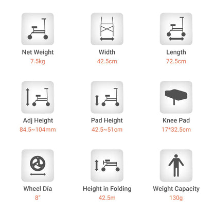 This image visually presents the key specifications of the Altus 8-inch Wheel Knee Walker Scooter with Cover, using icons and clear numerical values.