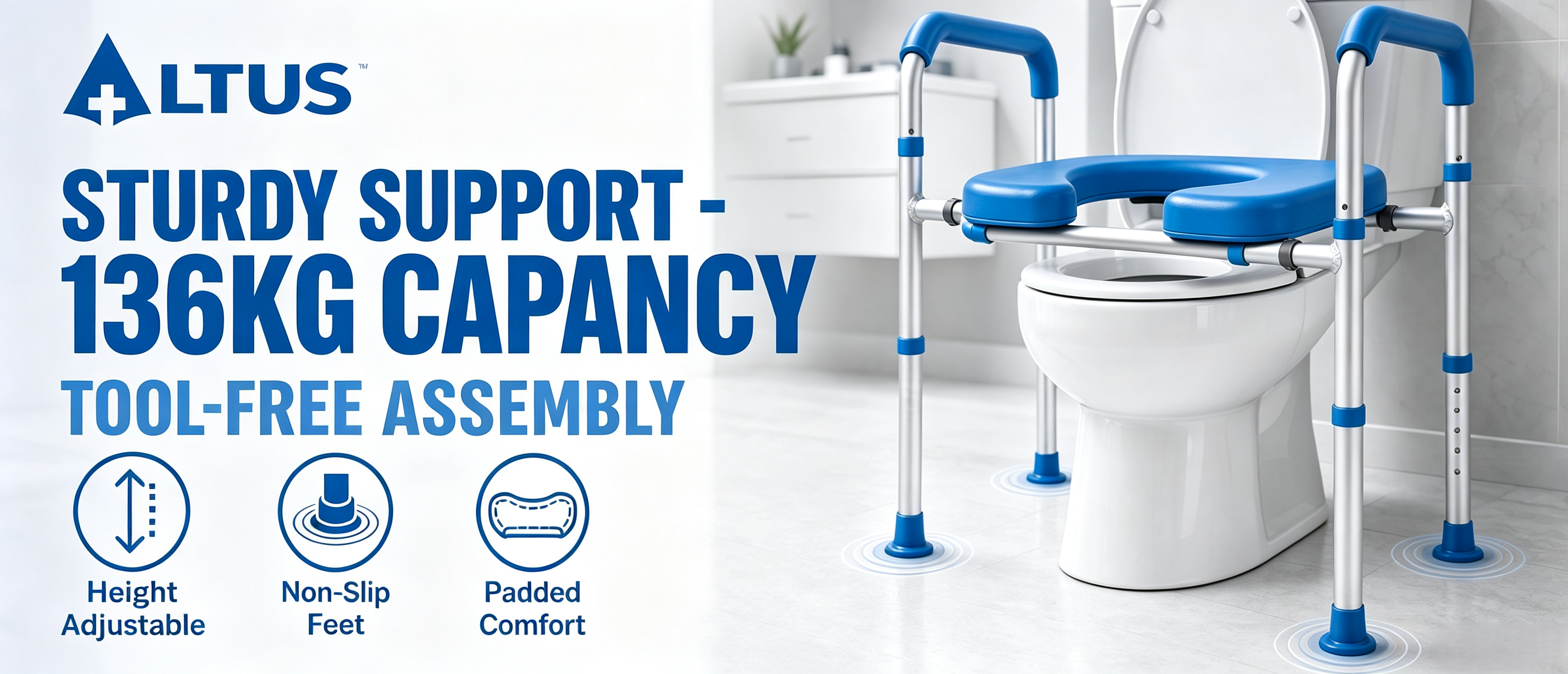 ALTUS toilet height-adjustable safety grabber with blue padded seat and armrests, shown installed on a white toilet in a bathroom setting with promotional text on the left.