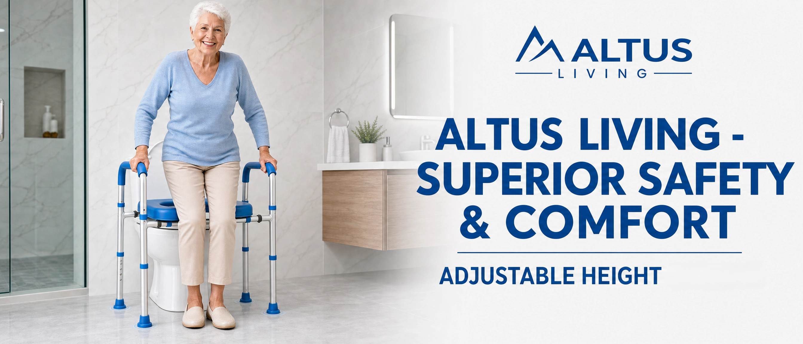An elderly woman using a blue and silver Altus Living adjustable height rollator walker in a bright, modern bathroom setting. The right side of the image features a white background with blue text reading 'ALTUS LIVING - SUPERIOR SAFETY & COMFORT' and 'ADJUSTABLE HEIGHT'.