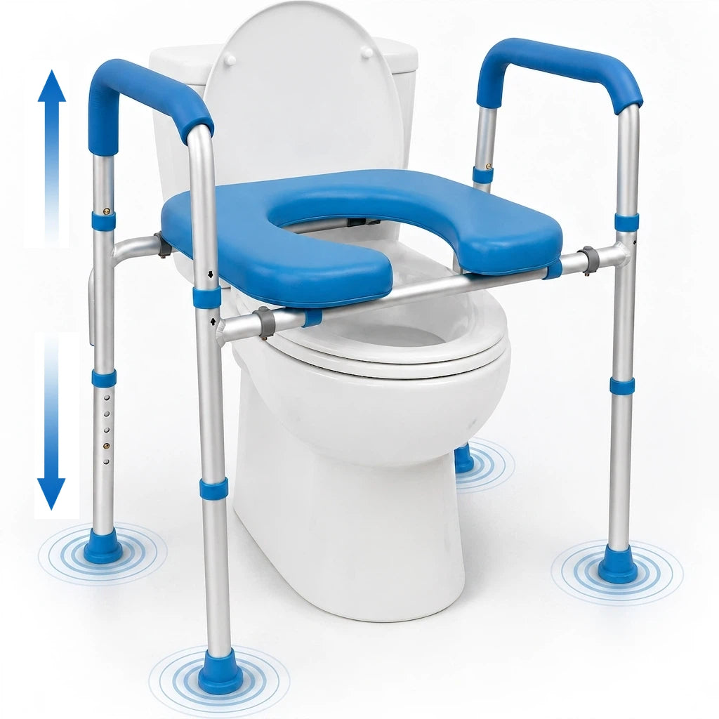 Multi Directional Adjustment Main View
Product main view on a white background with directional indicator arrows demonstrating that the Altus raised toilet seat frame has adjustable height settings to perfectly fit and adapt to various standard toilet specifications.