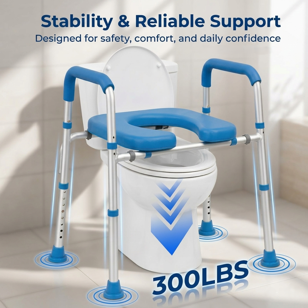 Weight Capacity
Safety feature graphic demonstrating the Altus raised toilet seat width adjustable frame supporting up to 300 lbs with widened anti slip rubber feet and reinforced side rails for max security.