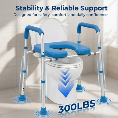 Weight Capacity
Safety feature graphic demonstrating the Altus raised toilet seat width adjustable frame supporting up to 300 lbs with widened anti slip rubber feet and reinforced side rails for max security.