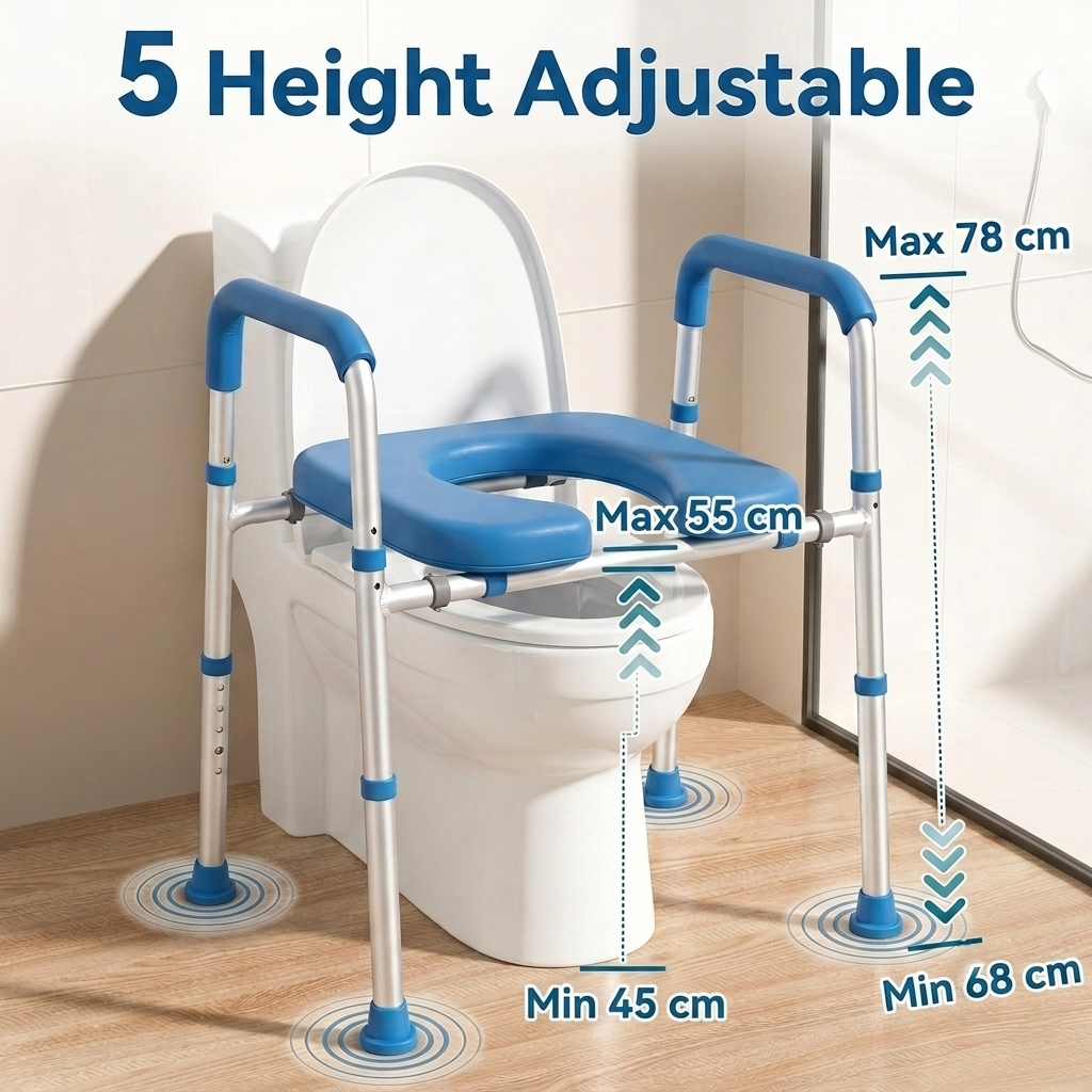 Leg Height Adjustment Guide
Height adjustment infographic showcasing the Altus raised toilet seat width adjustable legs with five levels ranging from forty five to seventy eight centimeters to perfectly fit users of different heights.