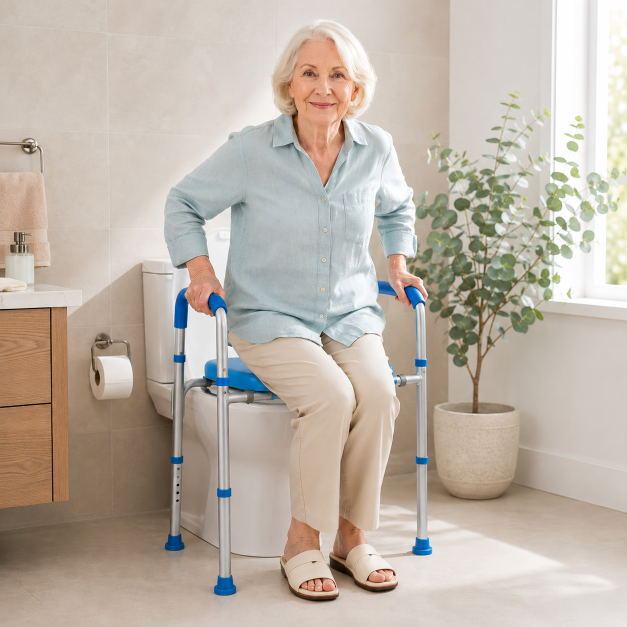 Home Bathroom Scene View
Bright residential bathroom scene featuring a white haired elderly woman using the raised toilet seat with padded cushion to stand up while gripping the side handles showcasing how the mobility aid blends into home decor and fits standard toilets.