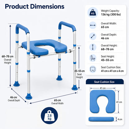 Full Dimensions and Specifications
Technical specification diagram for the Altus raised toilet seat width adjustable frame displaying full dimensions weight capacity and padding measurements for perfect bathroom fitting.