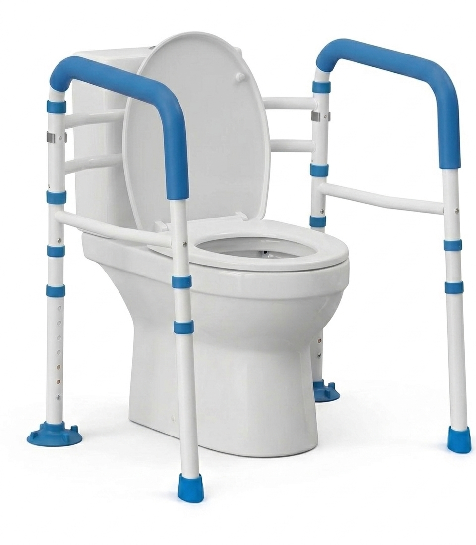 Product Main View : Altus essential toilet safety rails with white steel frame and blue non slip foam handles designed as a freestanding bathroom safety frame to assist with sitting and standing