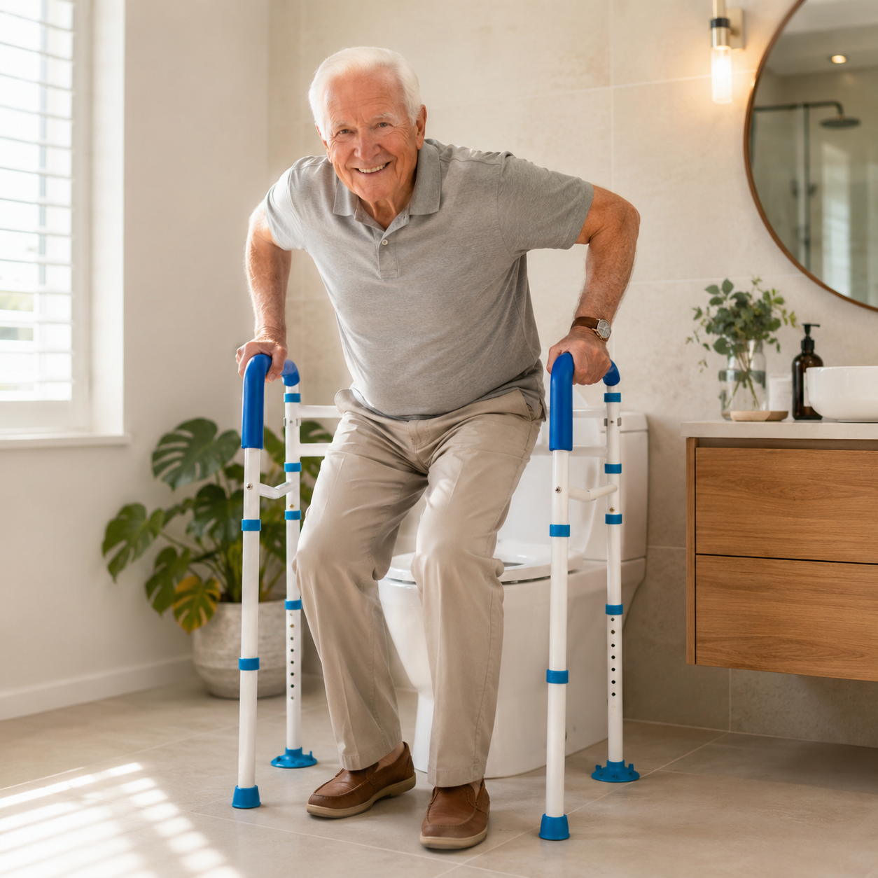 Senior Man Mobility Scene  :  Elderly man using the over toilet safety rails to stand up safely reducing the risk of slips and falls in a home residential bathroom setting