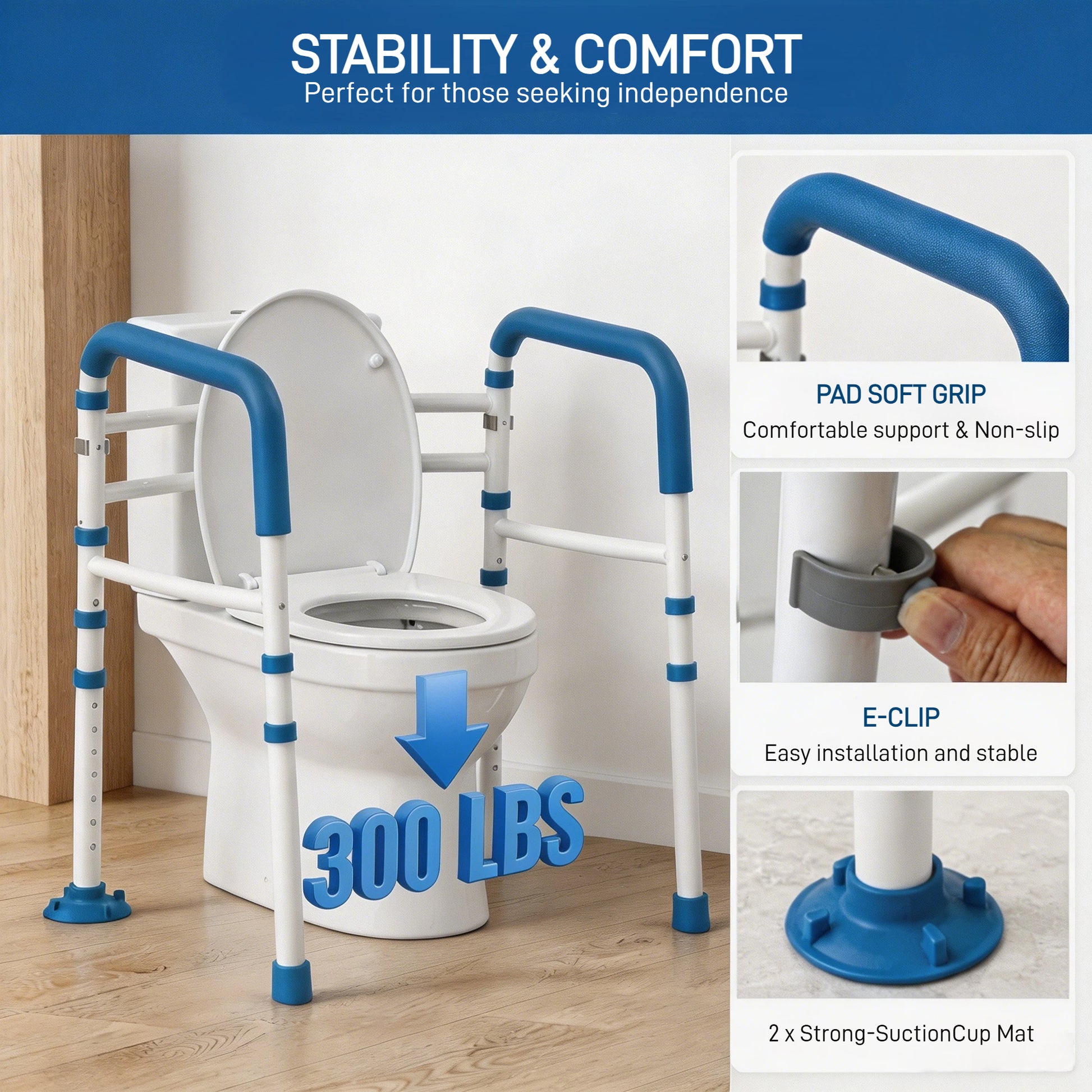 Safety Details  :  Close up of toilet safety frame details highlighting the 300 lbs weight capacity soft eva foam grips e clips adjustment and large suction cup feet