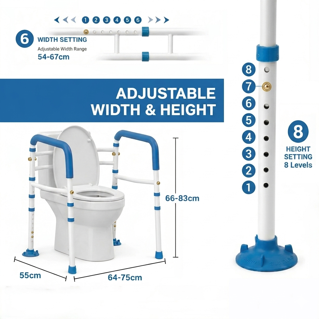 Adjustable Dimensions Chart  :  Specification diagram showing adjustable toilet rail dimensions with eight height levels and six width options to perfectly customize for different users and toilets