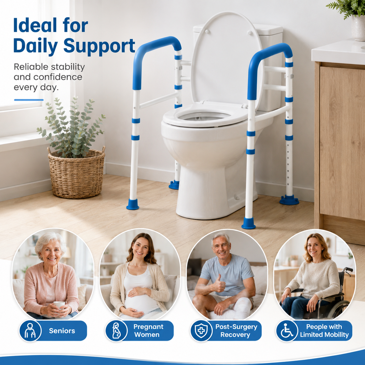 Target User Applications : Infographic illustrating that the freestanding toilet support rail is suitable for seniors pregnant women post surgery recovery patients and individuals with limited mobility