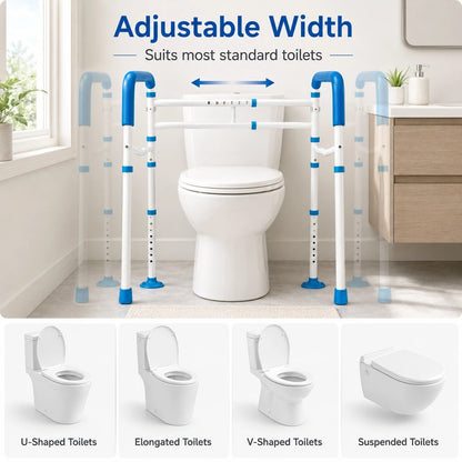 Toilet Compatibility Guide : Compatibility chart showing how the adjustable width toilet safety frame fits various standard toilet bowl shapes including u shaped elongated v shaped and wall mounted toilets