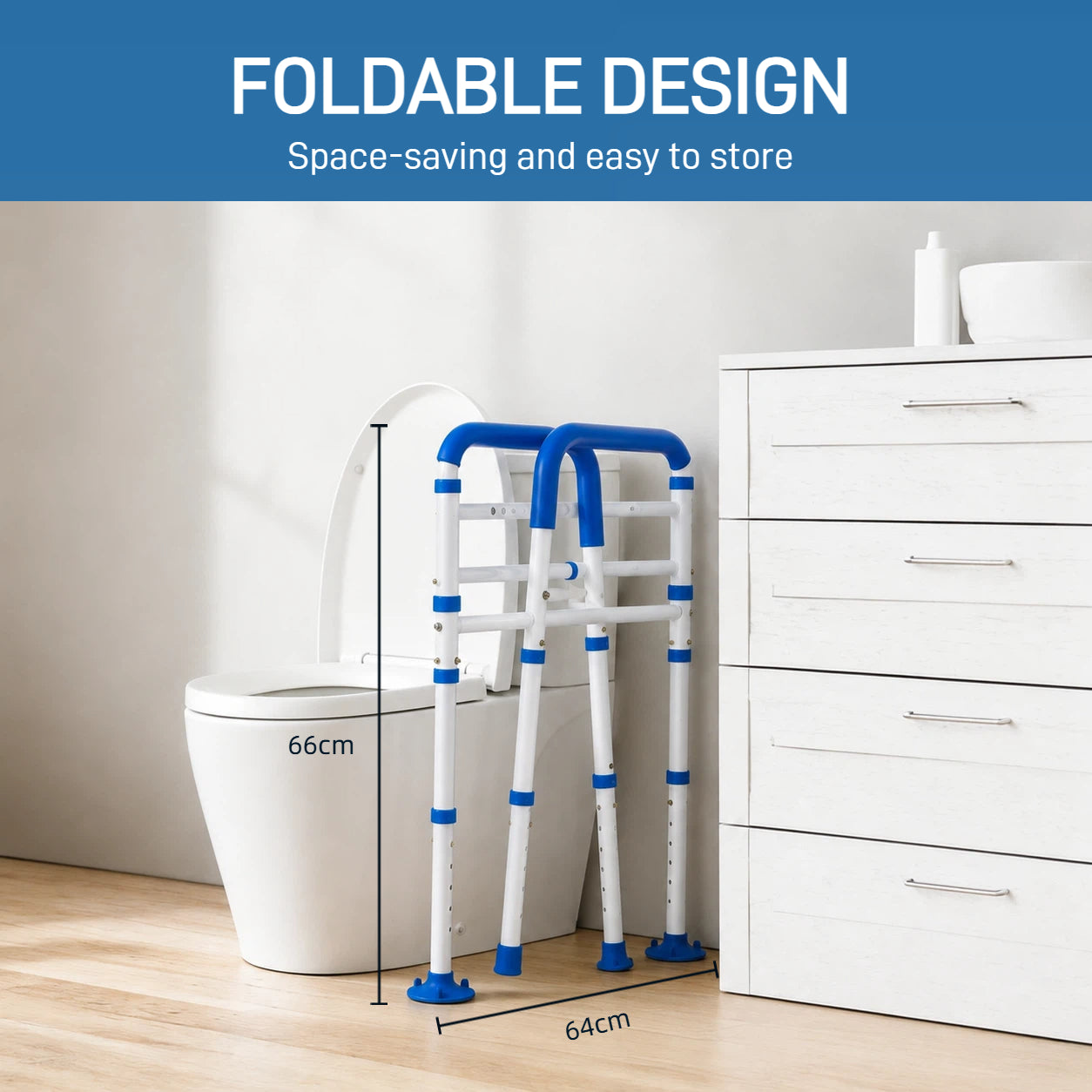 Compact Foldable Design : Foldable design view showcasing the space saving toilet safety rails in a folded position for easy storage transport and portability in small apartments