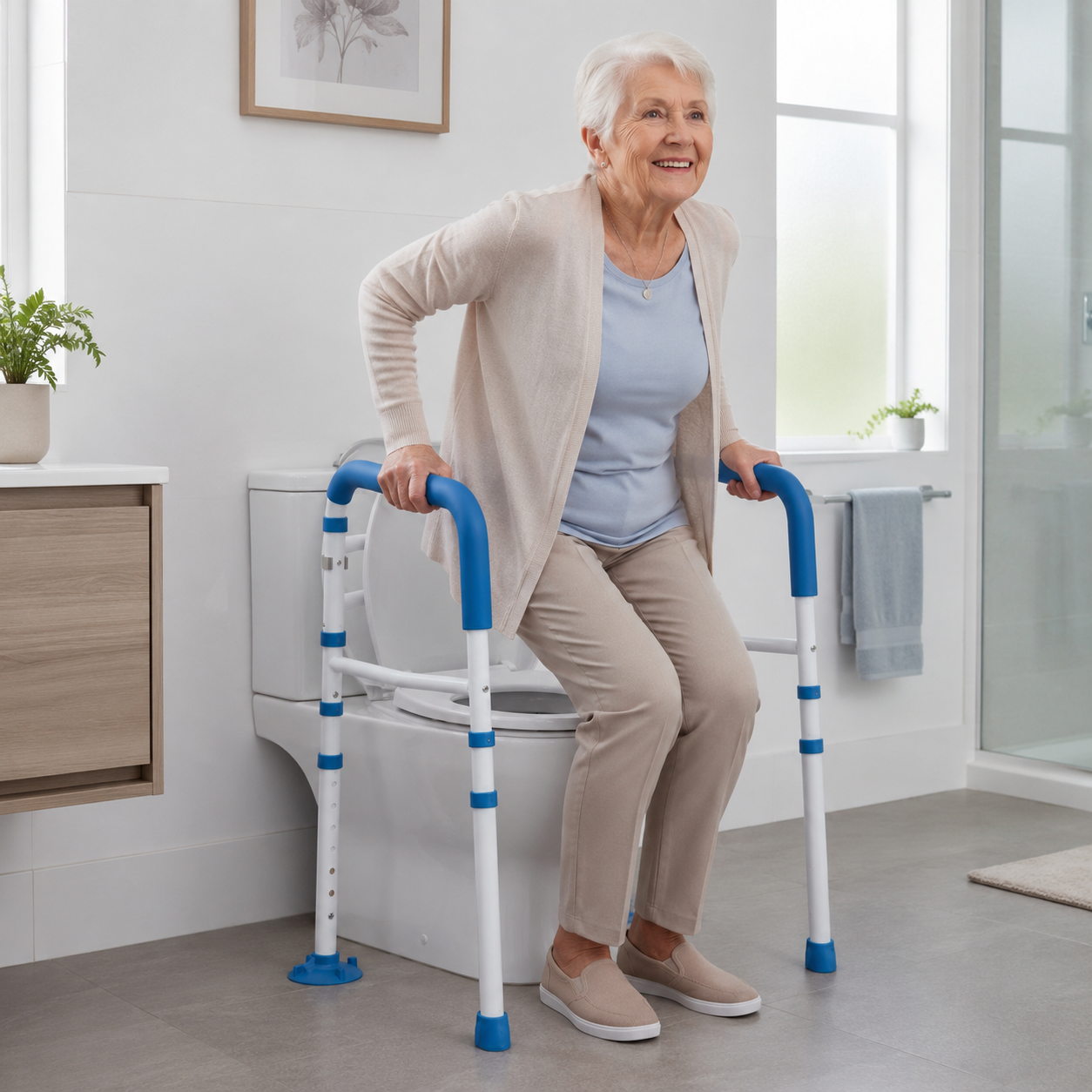 Senior Woman Independence Scene : Senior woman holding the comfortable blue foam handles to stand up from the toilet independently showing the comfort and practical support of the bathroom aid