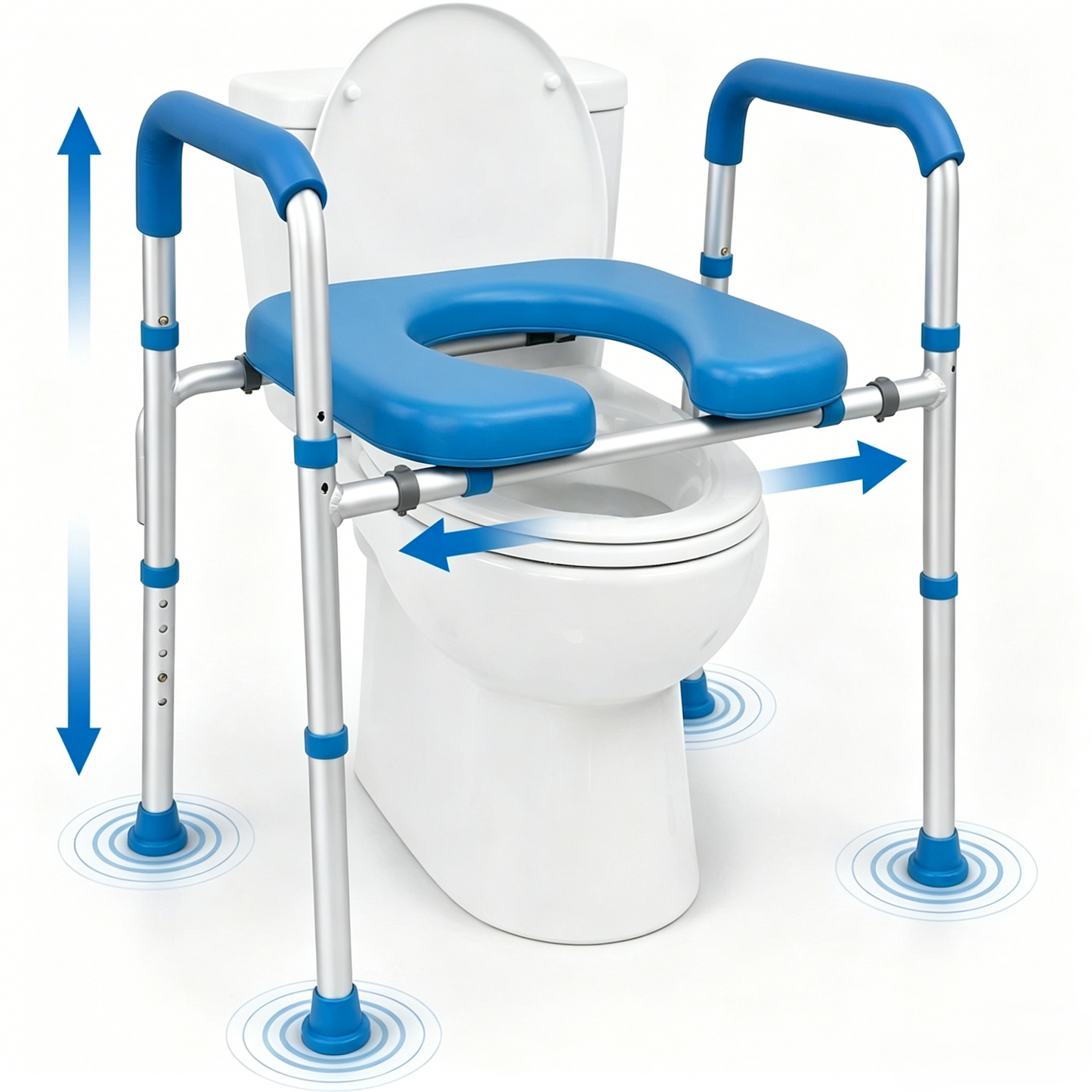Multi Directional Adjustment Main View
Product main view on white background with directional arrows indicating that the Altus raised toilet seat width adjustable frame can simultaneously customize both height and width for universal toilet