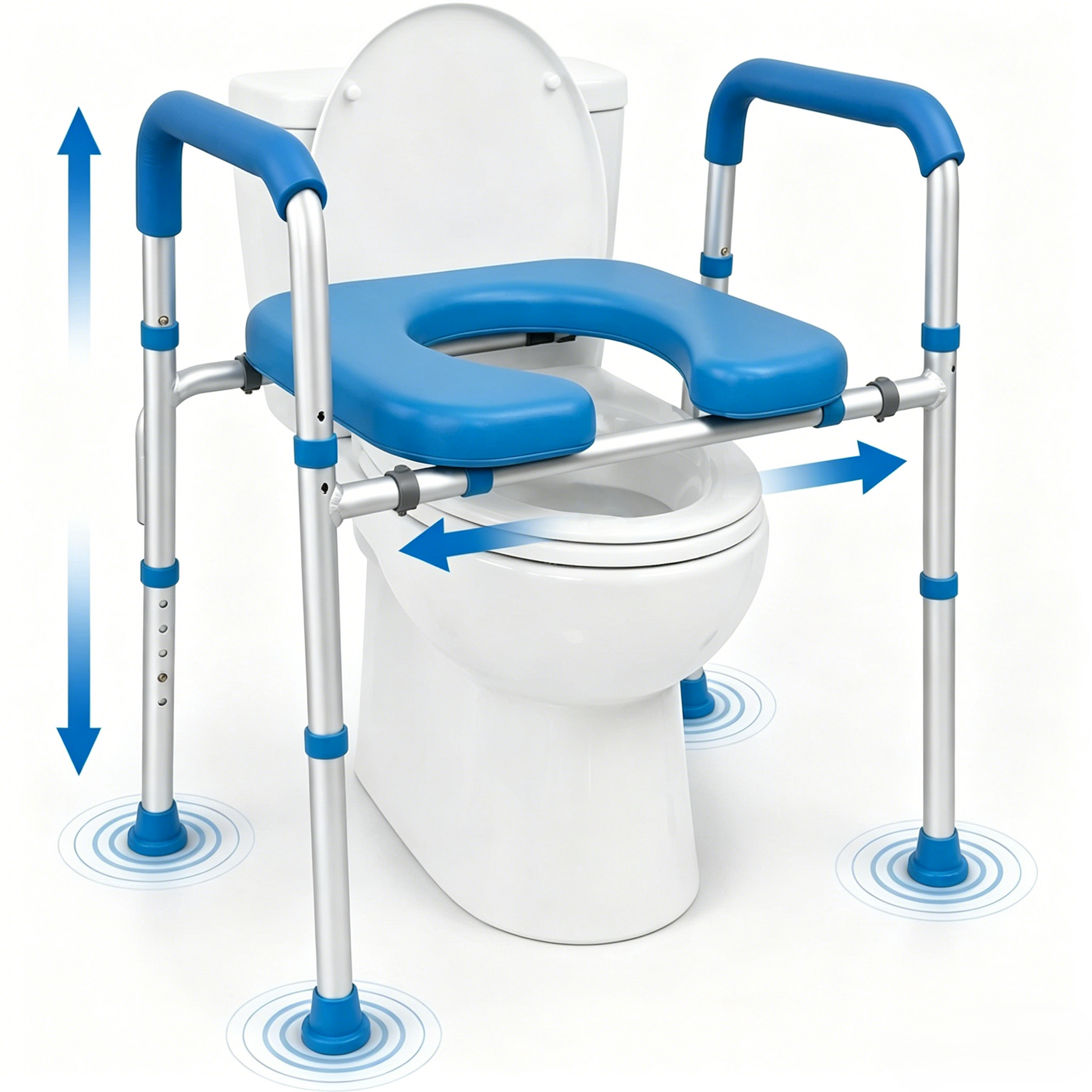 Multi Directional Adjustment Main View
Product main view on white background with directional arrows indicating that the Altus raised toilet seat width adjustable frame can simultaneously customize both height and width for universal toilet