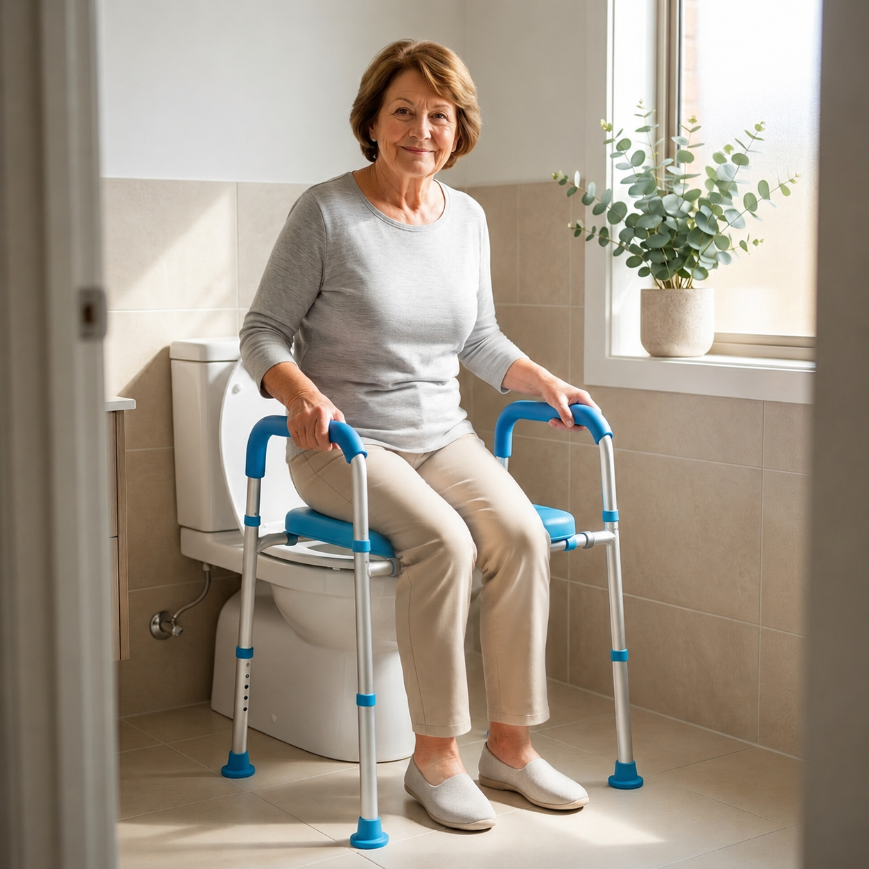 Home Care Scene
Elderly woman sitting on the Altus raised toilet seat width adjustable frame holding the side armrests for stable support illustrating how the elevated bathroom aid helps seniors stand up safely