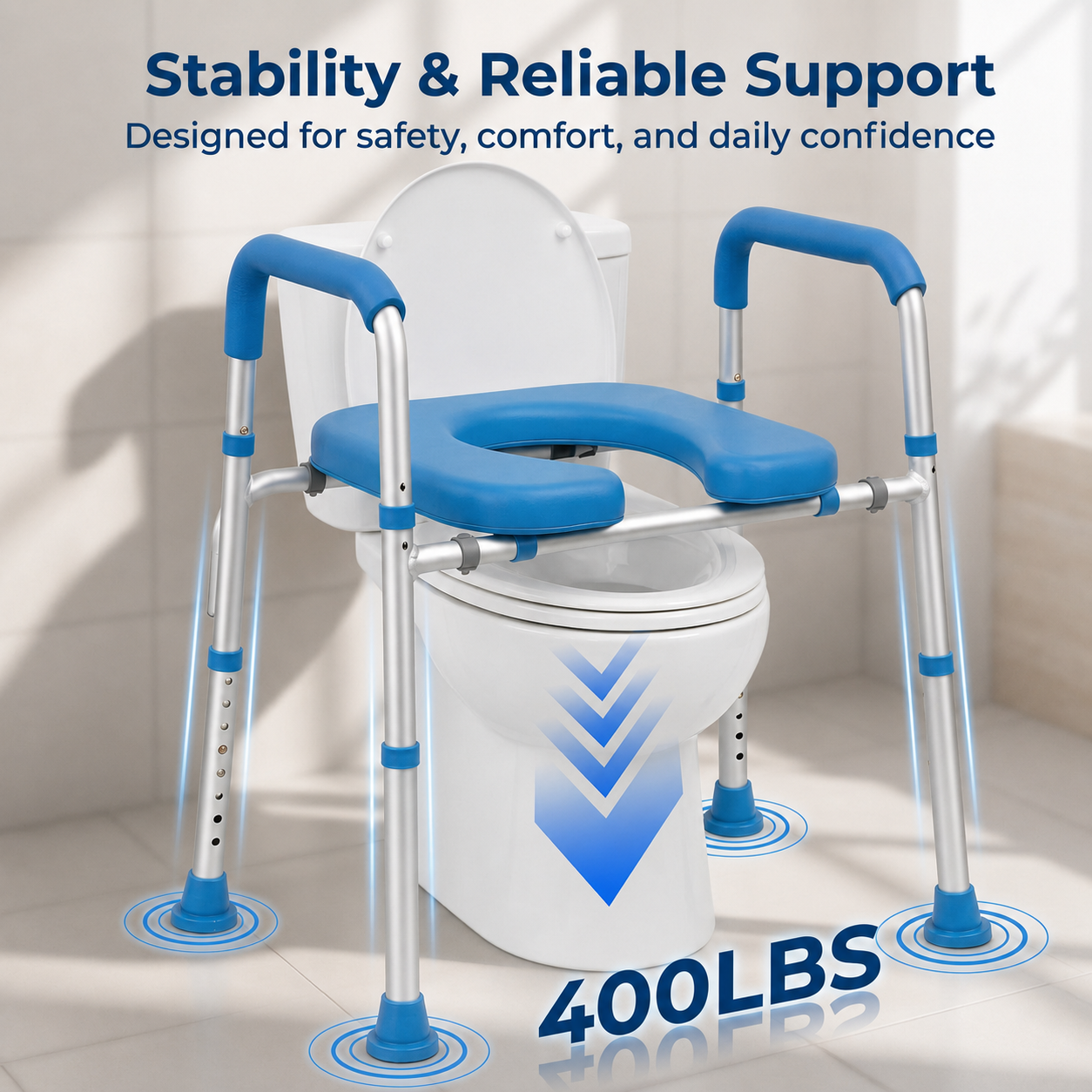Weight Capacity
Safety feature graphic demonstrating the Altus raised toilet seat width adjustable frame supporting up to four hundred pounds with widened anti slip rubber feet and reinforced side rails for max security