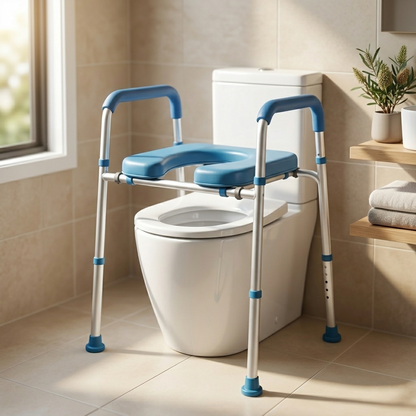 Real Bathroom Installation View
Full view of the Altus raised toilet seat width adjustable frame installed over a standard residential toilet displaying the clean design sturdy aluminum frame and non slip feet in a real home setting