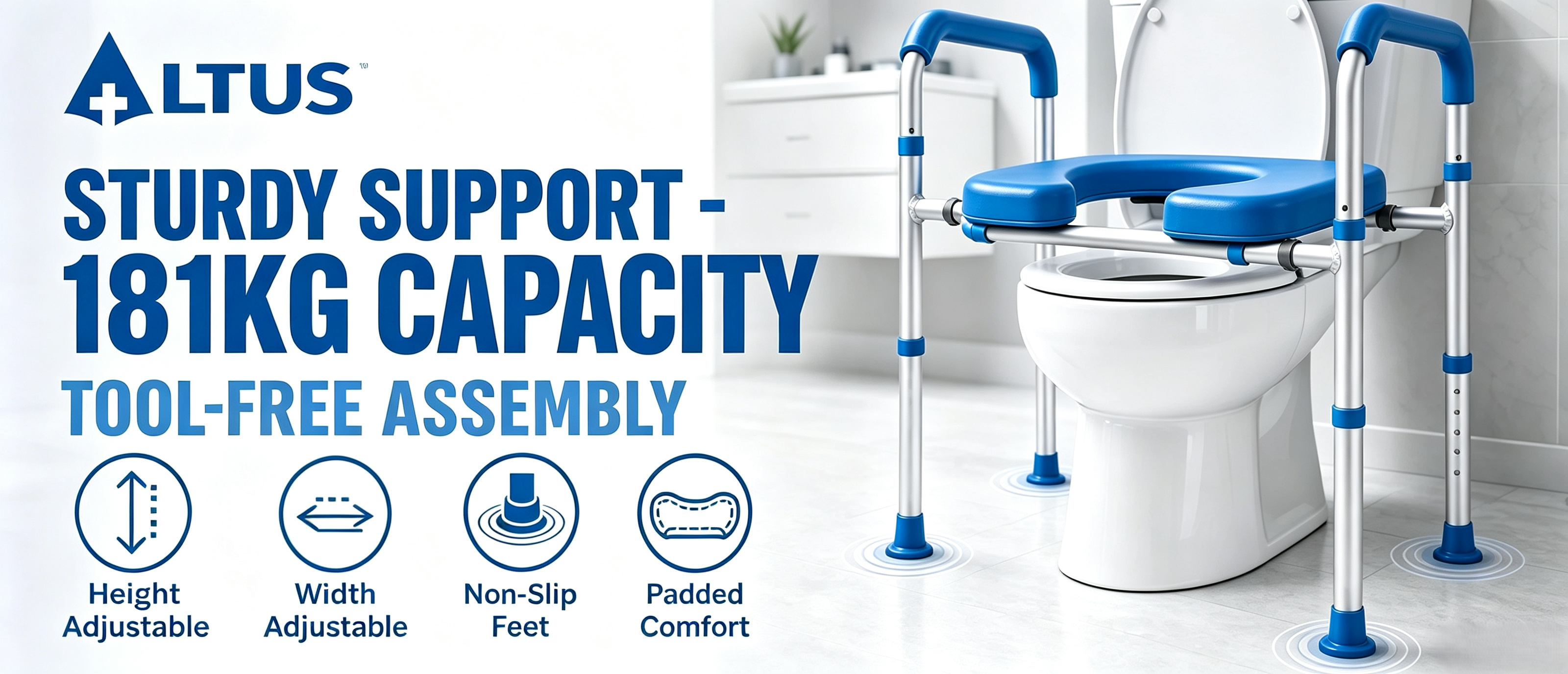 Altus toilet seat lift with blue padded seat and silver metal frame, shown installed on a white toilet in a bathroom setting with promotional text and feature icons.