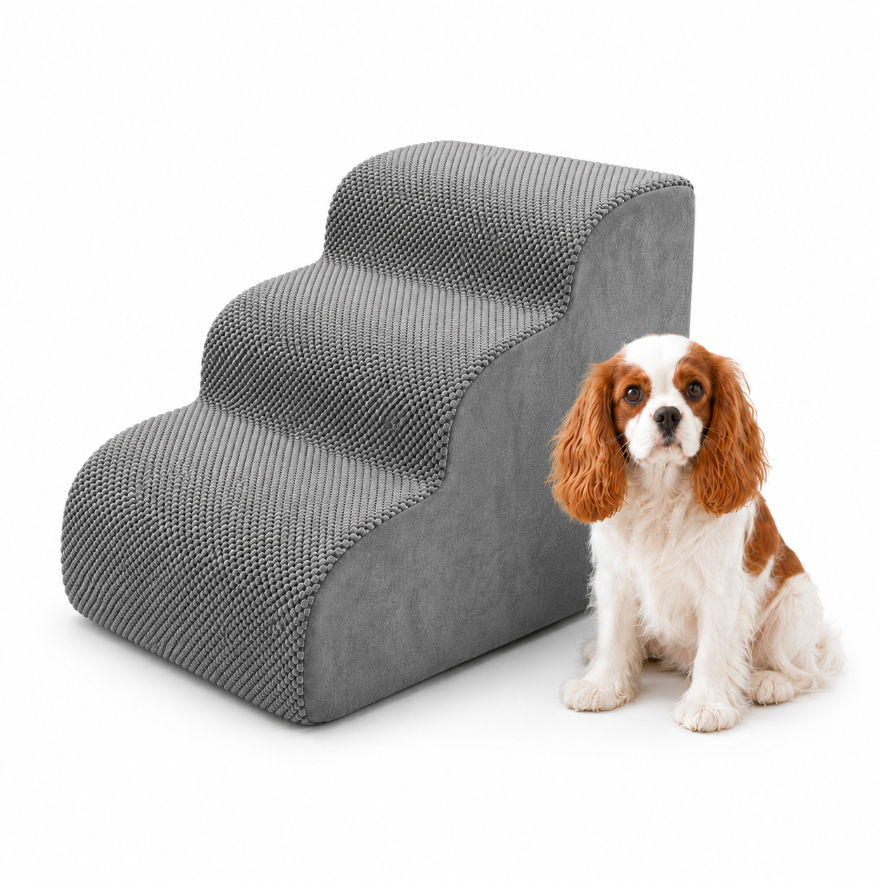 A three-step gray pet ramp with a textured, ribbed surface, shown next to a small brown and white Cavalier King Charles Spaniel dog on a clean white background.