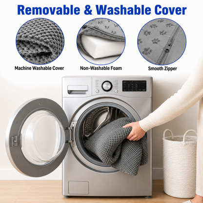 A gray textured removable washing machine cover being held by a person's hand in front of a silver front-loading washing machine. The image includes three circular inset detail views at the top showing the machine washable cover texture, non-washable foam insert, and smooth zipper closure, with the text 'Removable & Washable Cover' above.