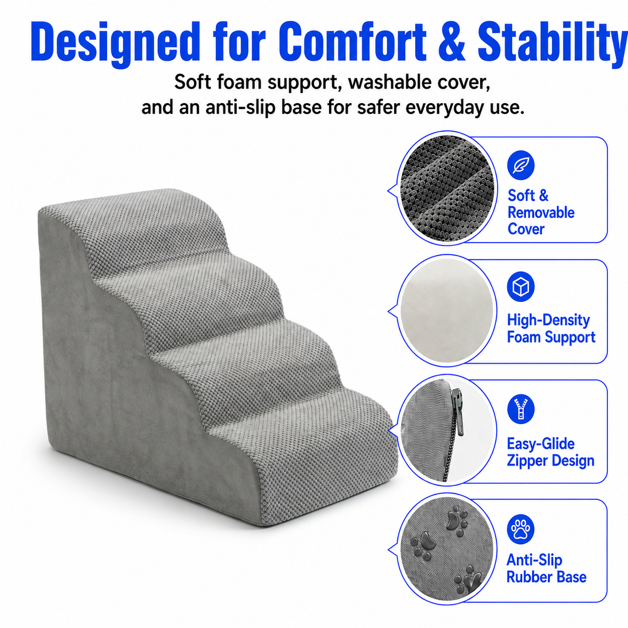 Altus 4-Step High-Density Foam Pet Stairs for Dogs & Cats - Dark Grey