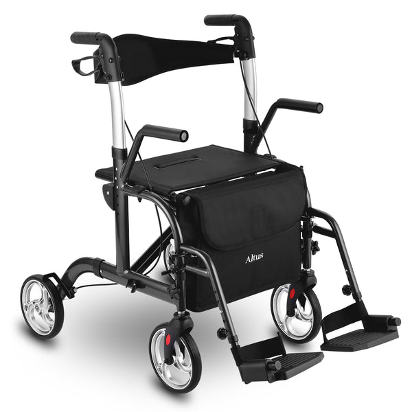 Black and silver mobility scooter with a seat on a white background